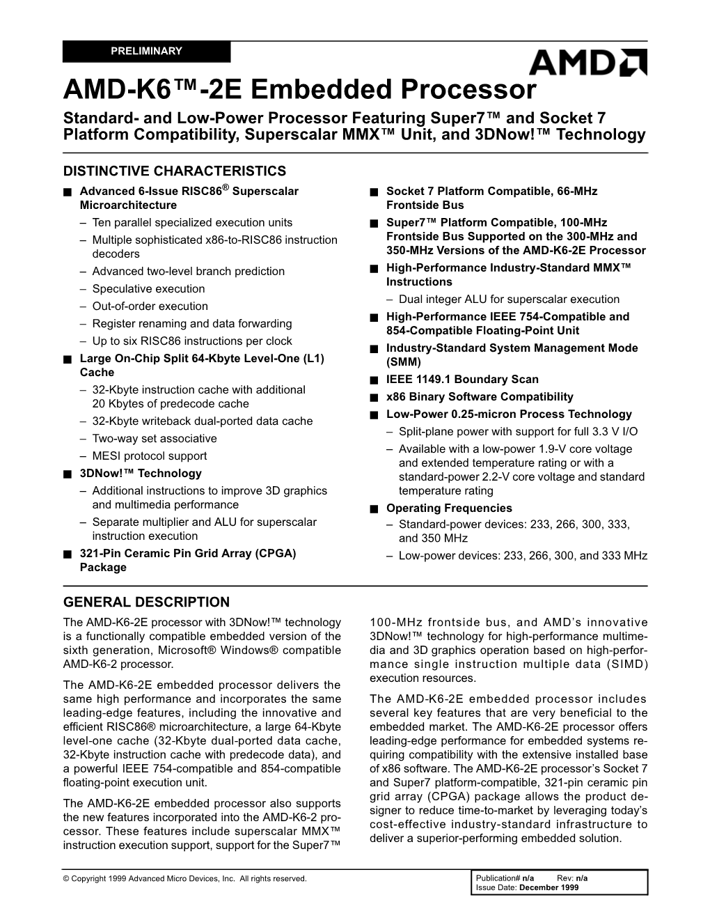 AMD-K6-2E Embedded Processor Data Sheet