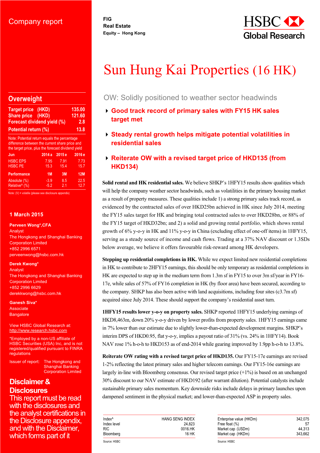 Sun Hung Kai Properties (16 HK)-OW: Solidly Positioned to Weather