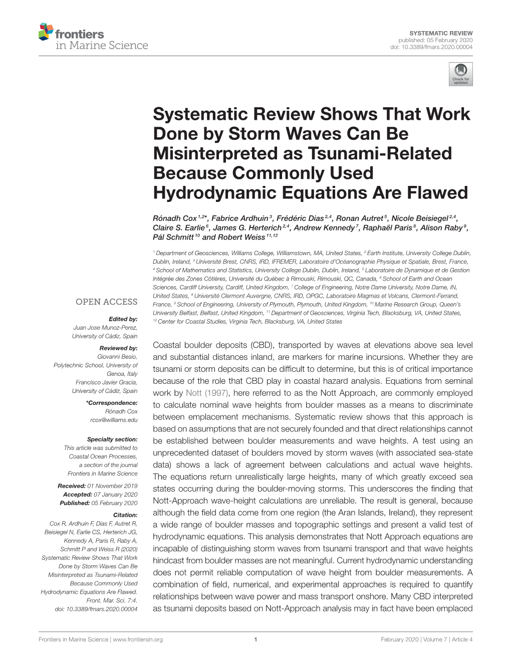 Systematic Review Shows That Work Done by Storm Waves Can Be Misinterpreted As Tsunami-Related Because Commonly Used Hydrodynamic Equations Are Flawed