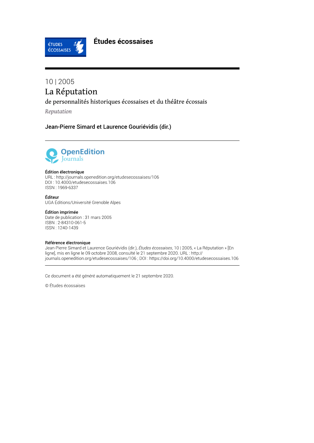 Études Écossaises, 10 | 2005, « La Réputation » [En Ligne], Mis En Ligne Le 09 Octobre 2008, Consulté Le 21 Septembre 2020