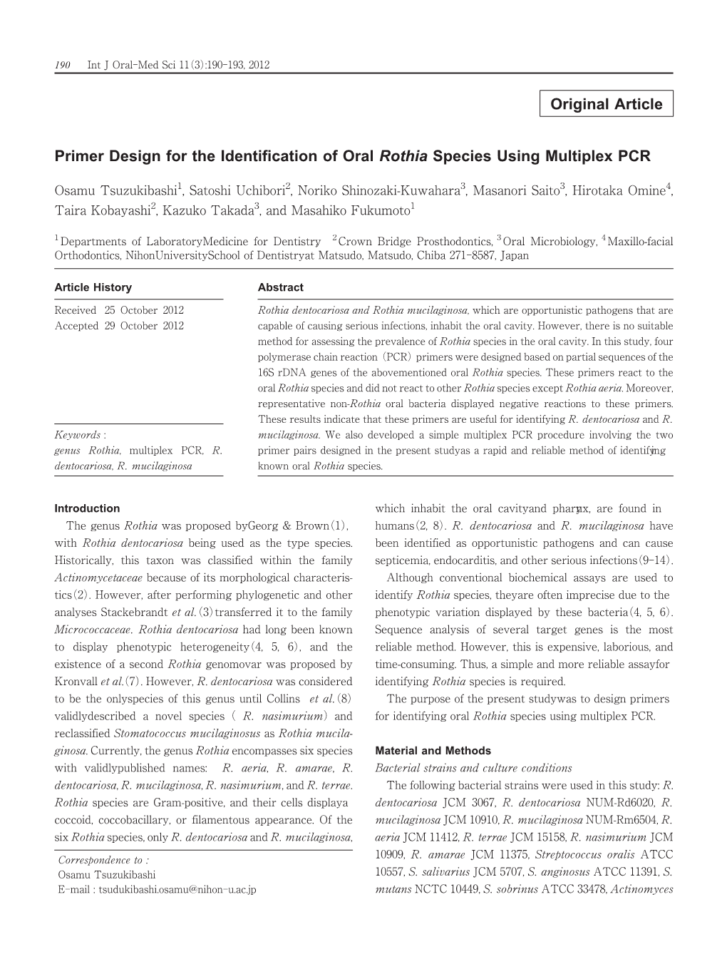 Original Article Primer Design for the Identification of Oral Rothia Species Using Multiplex