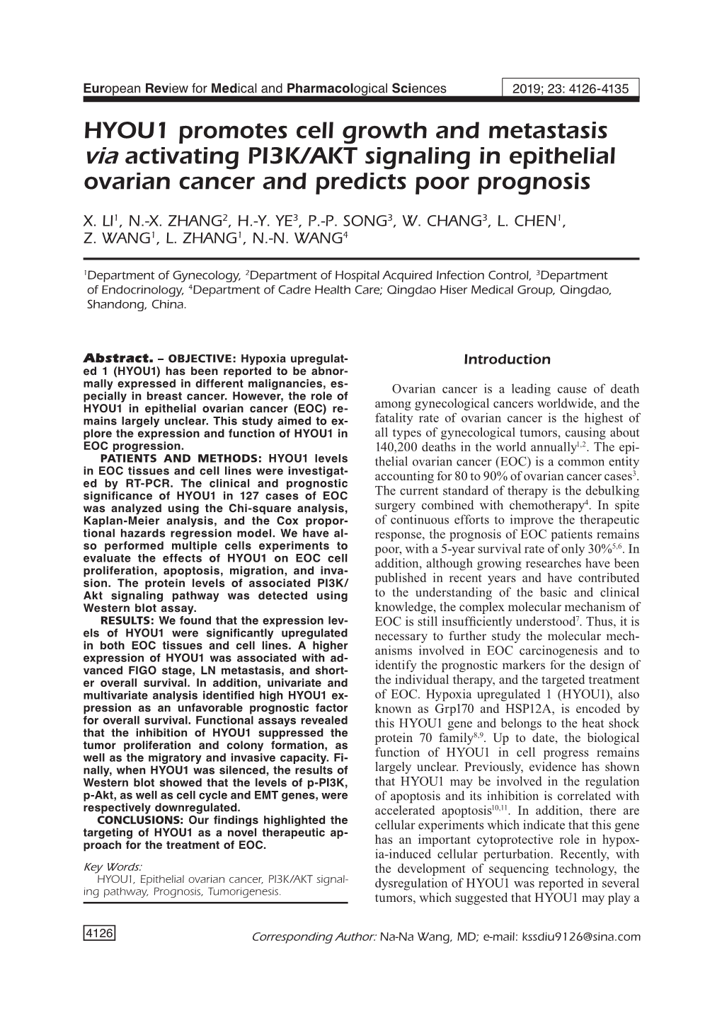 HYOU1 Promotes Cell Growth and Metastasis Via Activating PI3K/AKT Signaling in Epithelial Ovarian Cancer and Predicts Poor Prognosis