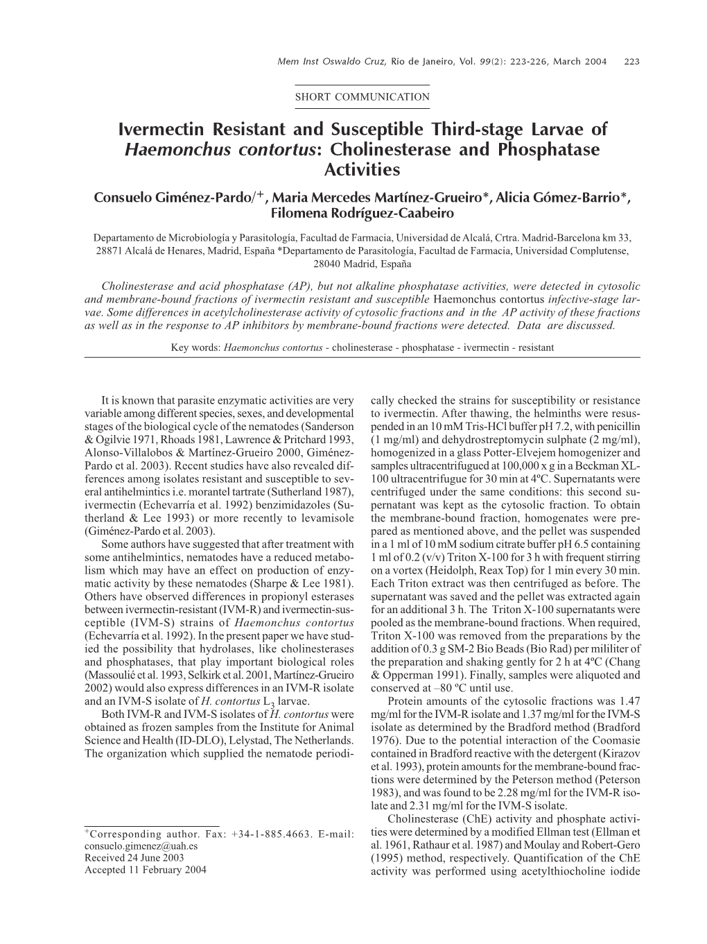 Ivermectin Resistant and Susceptible Third-Stage Larvae of Haemonchus