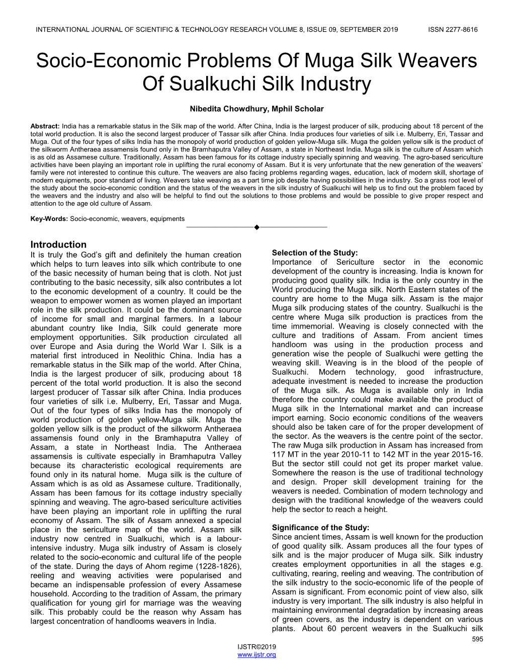 Socio-Economic Problems of Muga Silk Weavers of Sualkuchi Silk Industry