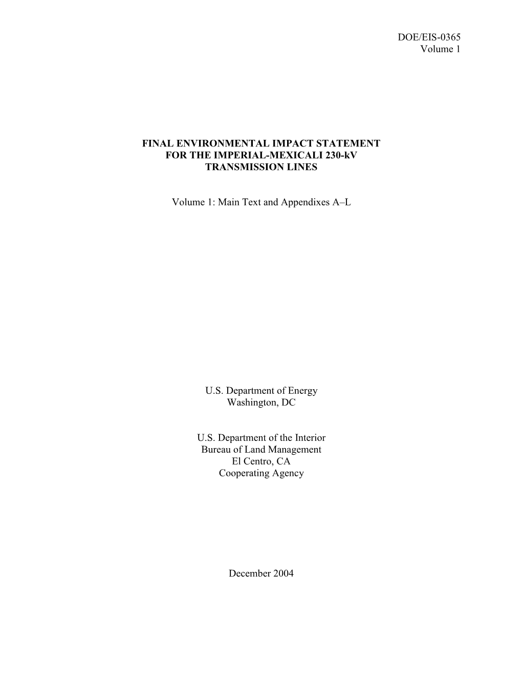 DOE/EIS-0365; Final Environmental Impact Statement for the Imperial