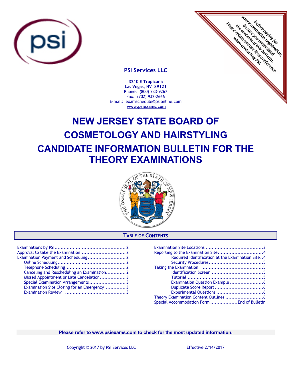 New Jersey State Board of Cosmetology and Hairstyling Candidate Information Bulletin for the Theory Examinations