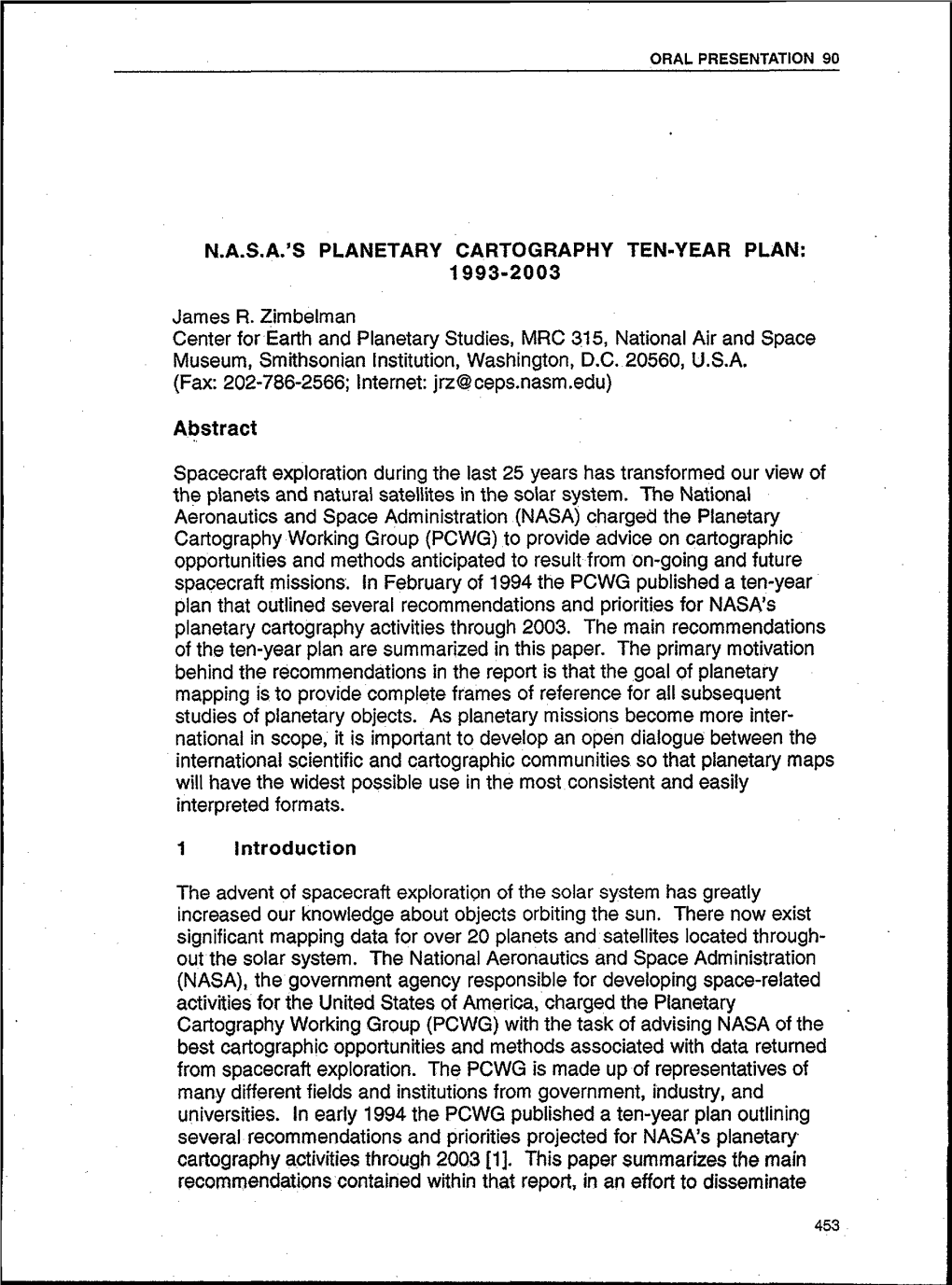 N.A.S.A.'S Planetary Cartography Ten-Year Plan: 1993-2003