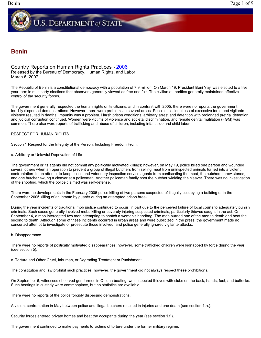 Country Reports on Human Rights Practices - 2006 Released by the Bureau of Democracy, Human Rights, and Labor March 6, 2007