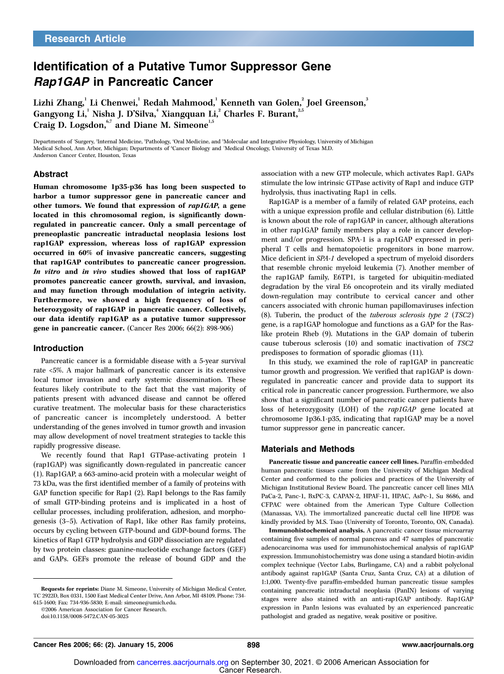 Identification of a Putative Tumor Suppressor Gene Rap1gap in Pancreatic Cancer