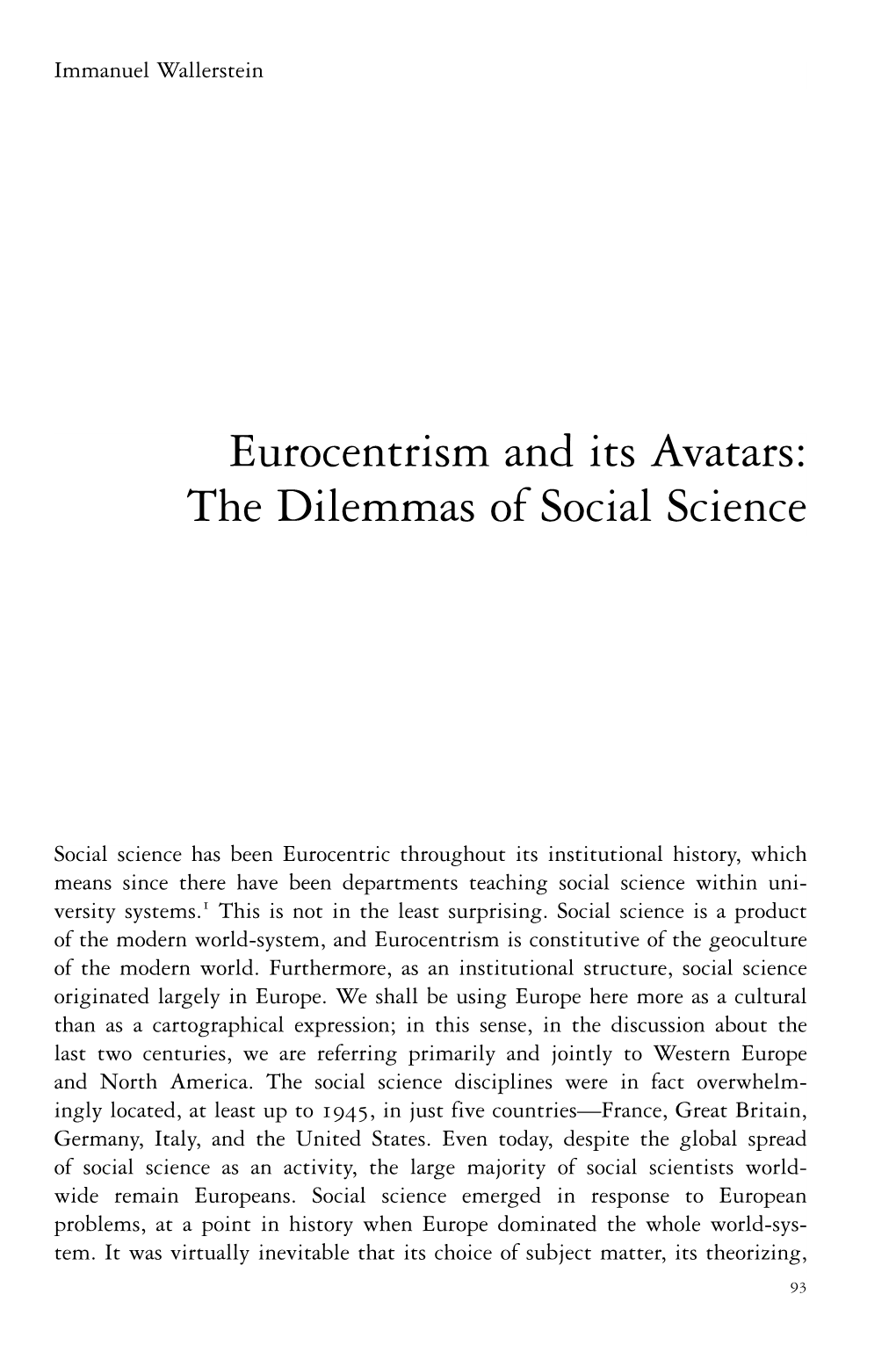 Eurocentrism and Its Avatars: the Dilemmas of Social Science