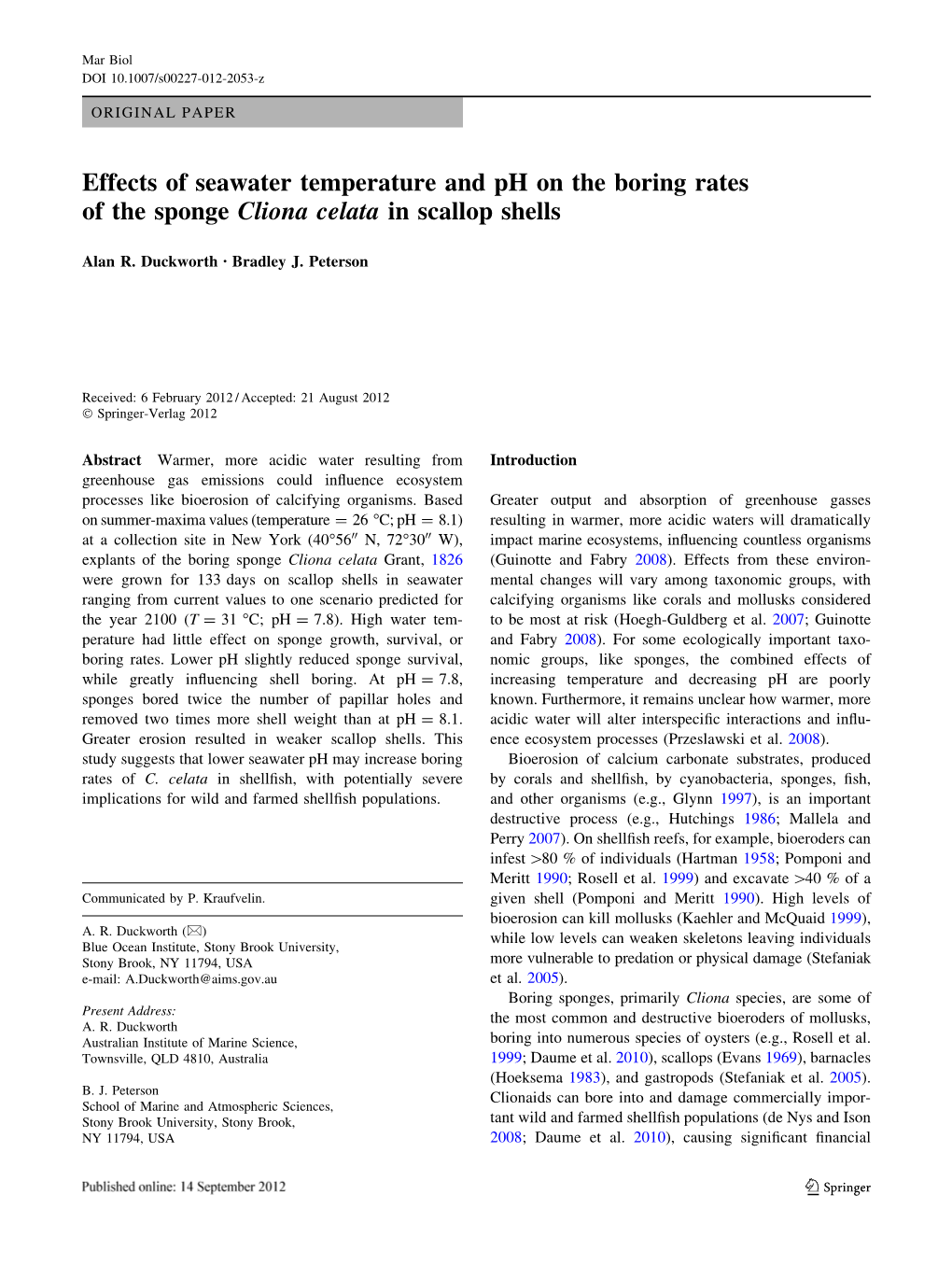 Effects of Seawater Temperature and Ph on the Boring Rates of the Sponge Cliona Celata in Scallop Shells