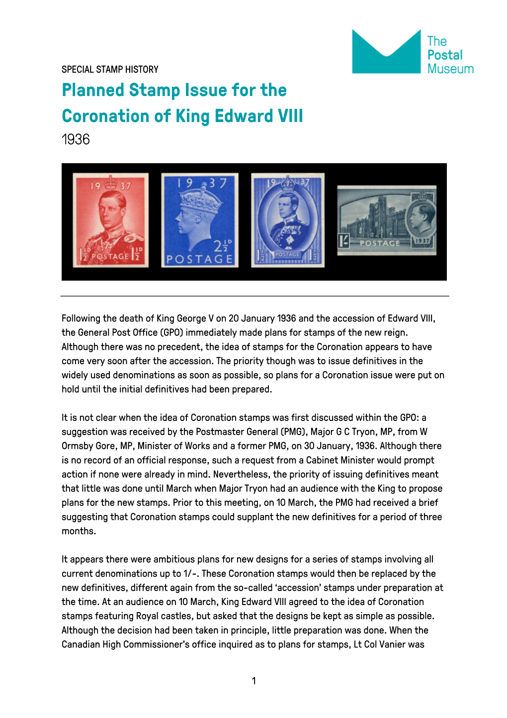 Planned Stamp Issue for the Coronation of King Edward VIII 1936