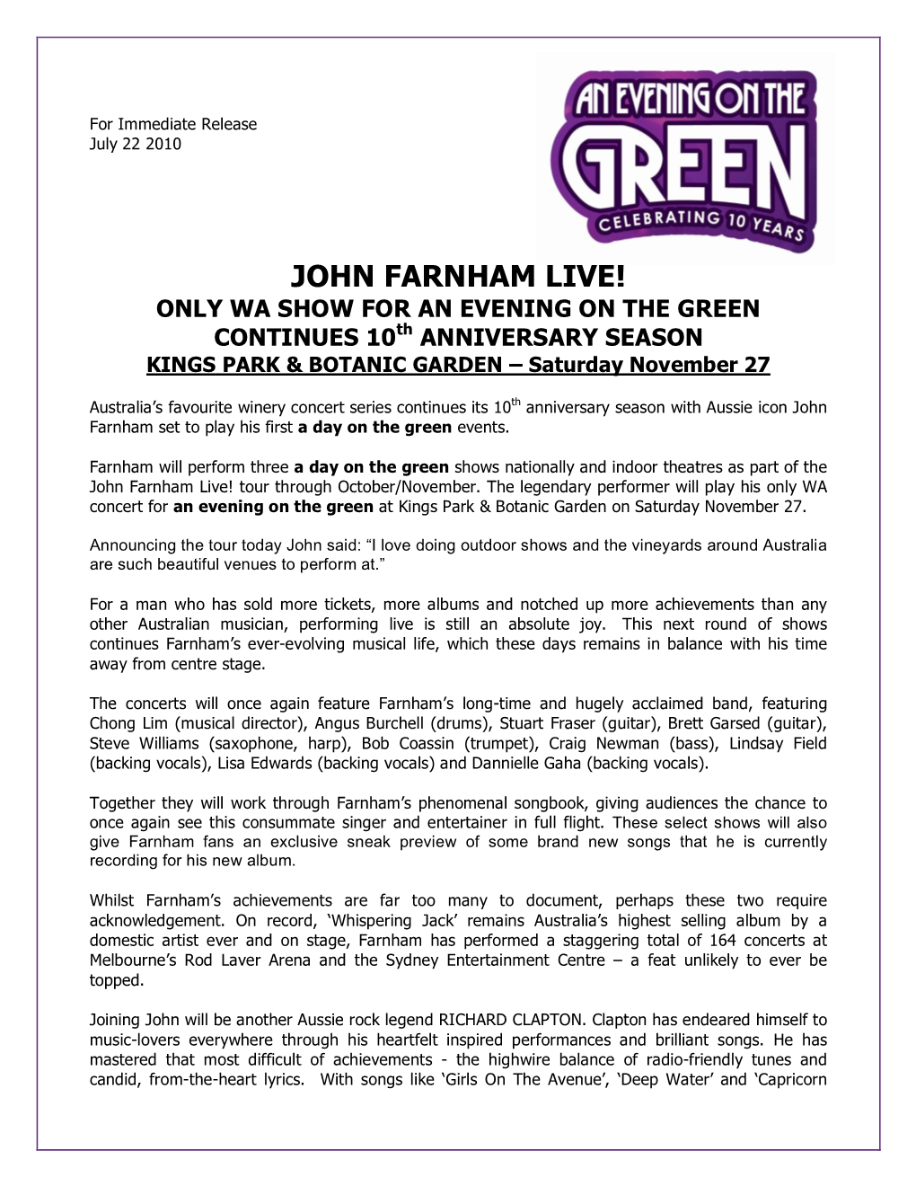 JOHN FARNHAM LIVE! ONLY WA SHOW for an EVENING on the GREEN CONTINUES 10Th ANNIVERSARY SEASON KINGS PARK & BOTANIC GARDEN – Saturday November 27