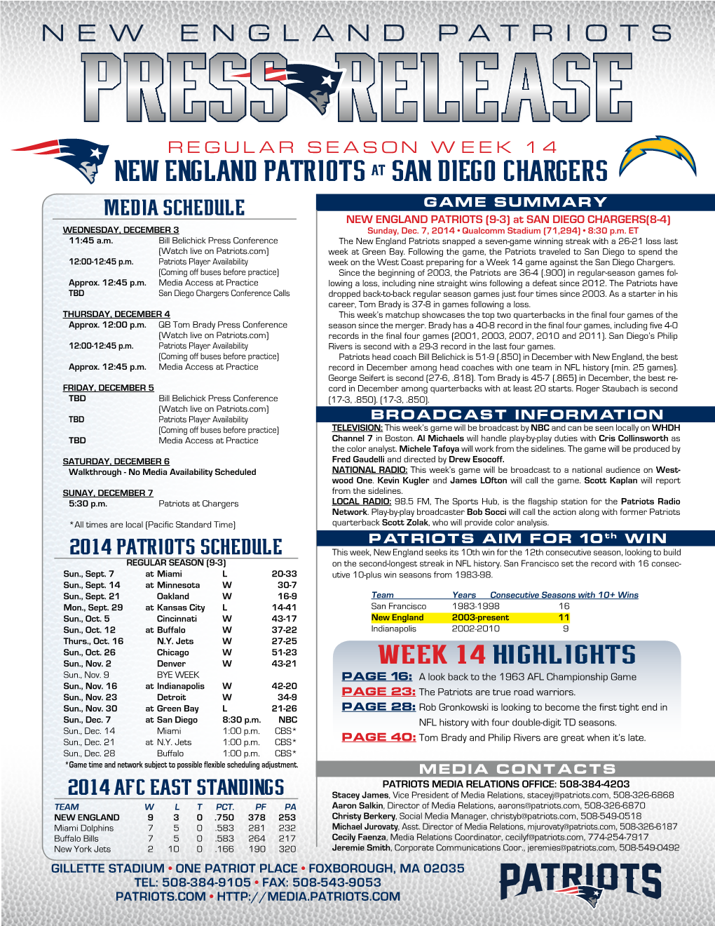 NEW ENGLAND Patriots at SAN DIEGO CHARGERS Media Schedule GAME SUMMARY NEW ENGLAND PATRIOTS (9-3) at SAN DIEGO CHARGERS(8-4) WEDNESDAY, DECEMBER 3 Sunday, Dec