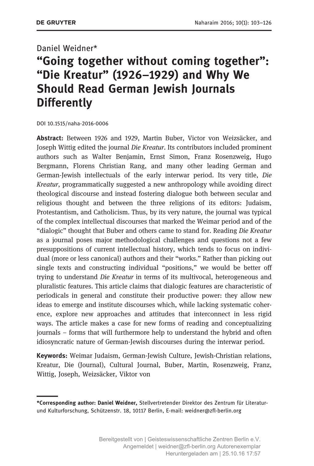 “Die Kreatur” (1926–1929) and Why We Should Read German Jewish Journals Differently