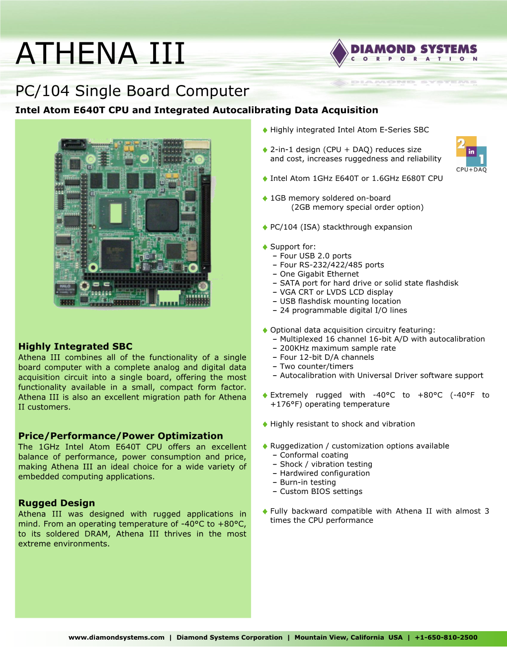 ATHENA III PC/104 Single Board Computer Intel Atom E640T CPU and Integrated Autocalibrating Data Acquisition