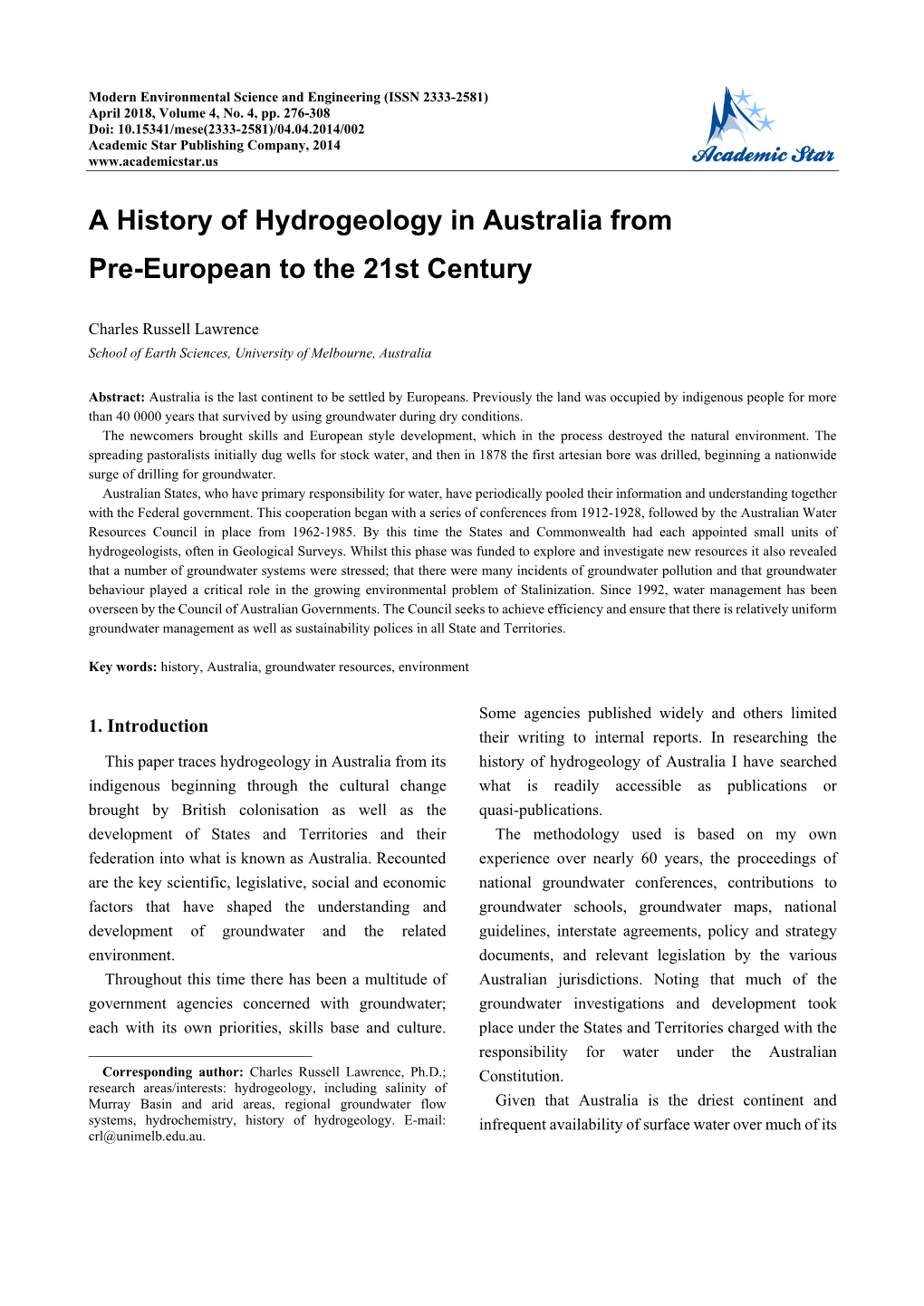 A History of Hydrogeology in Australia from Pre-European to the 21St Century