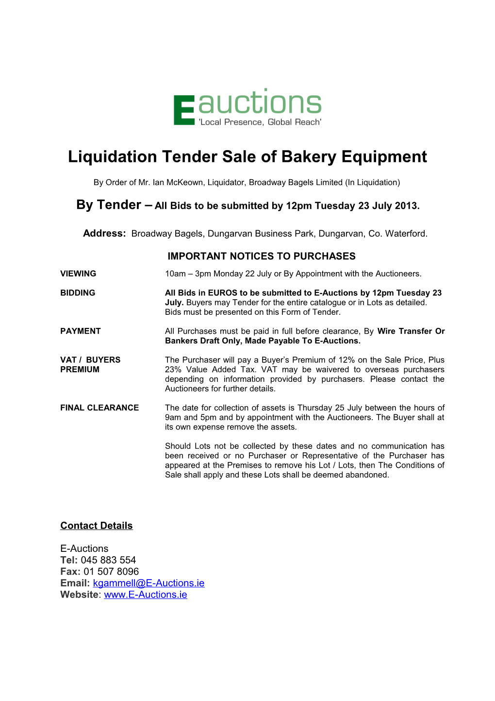 Liquidation Tender Sale of Bakery Equipment