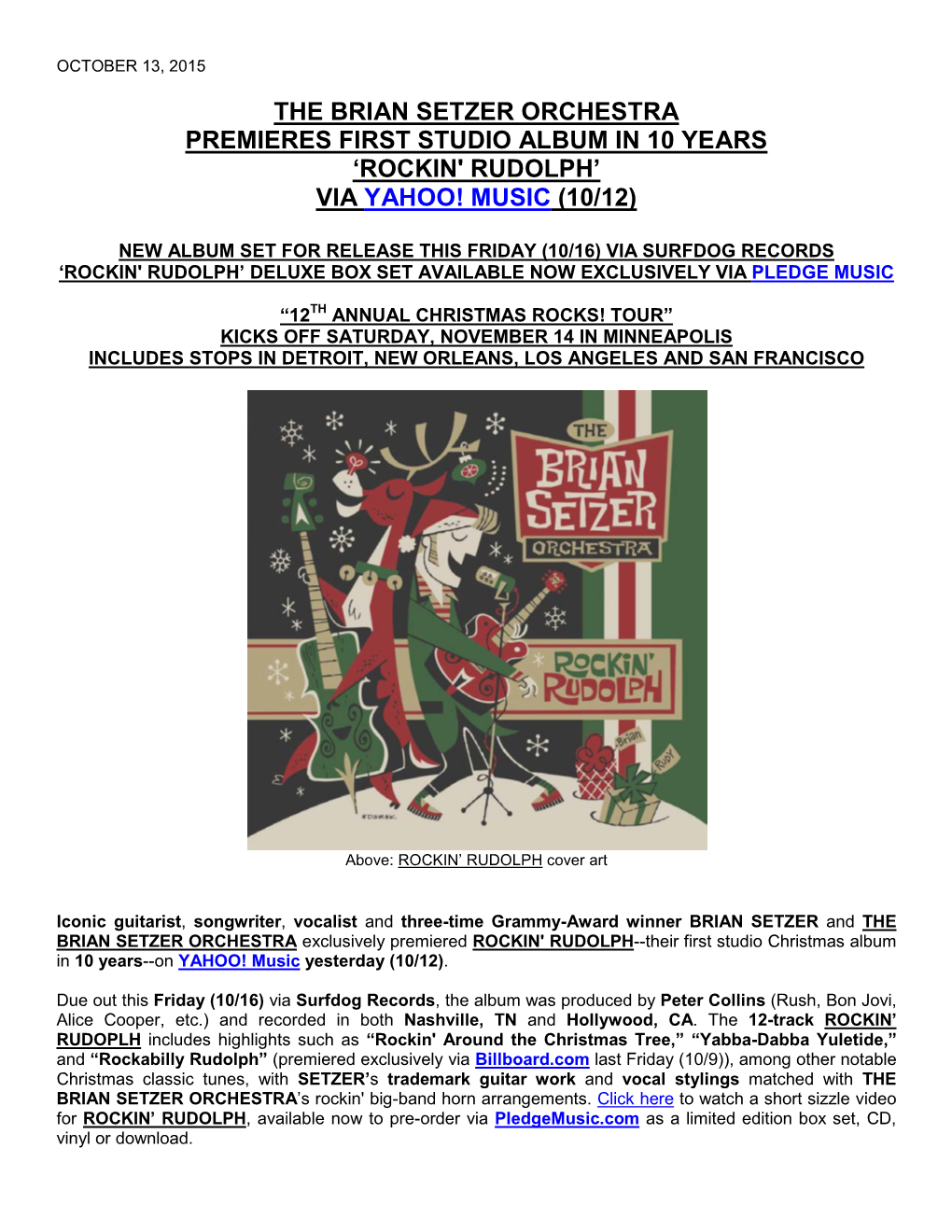 The Brian Setzer Orchestra Premieres First Studio Album in 10 Years ‘Rockin' Rudolph’ Via Yahoo! Music (10/12)