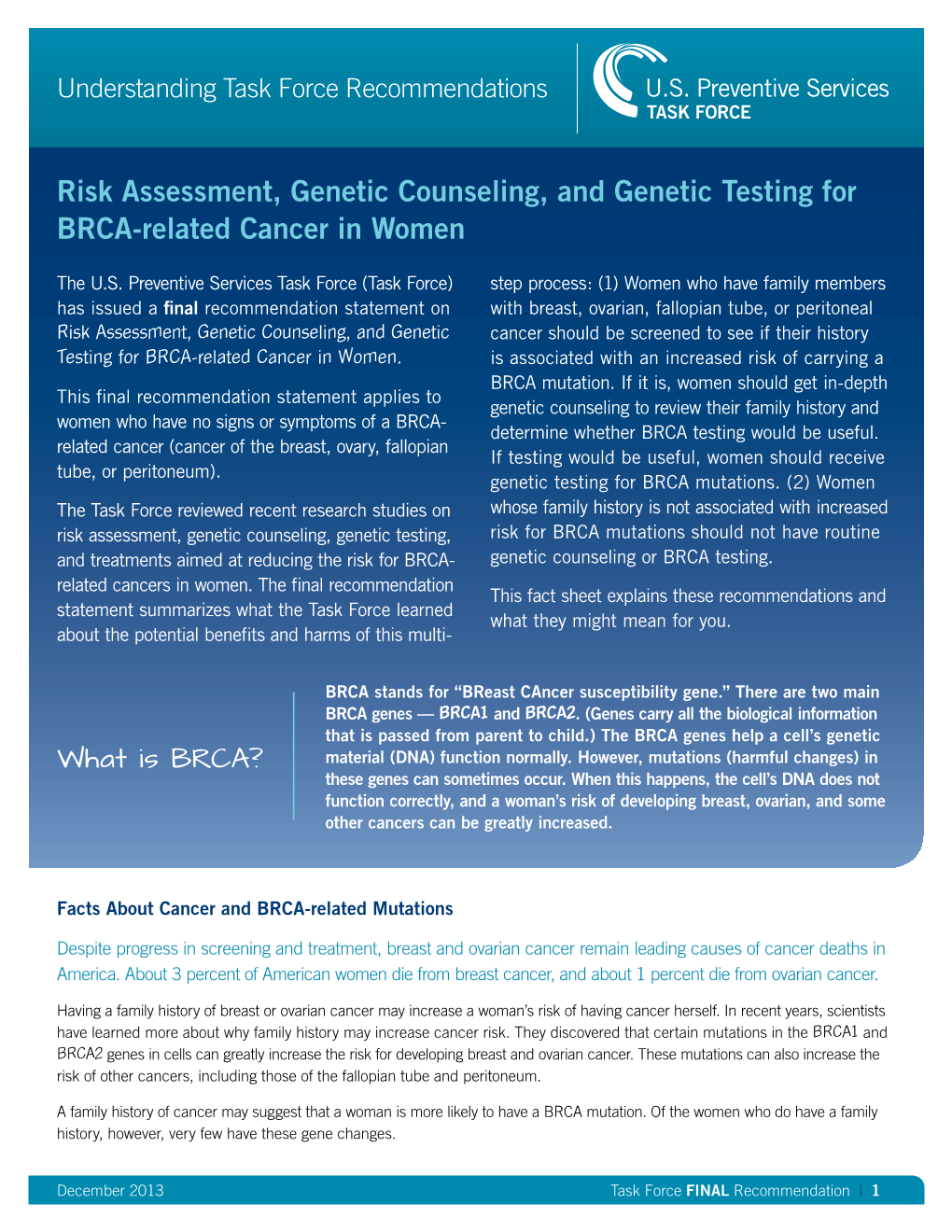 Risk Assessment, Genetic Counseling, and Genetic Testing for BRCA-Related Cancer in Women