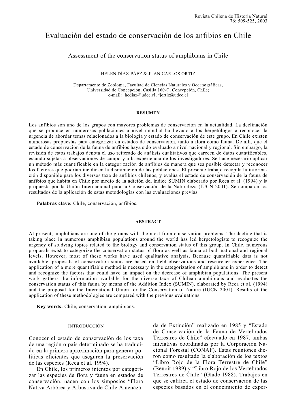 Evaluación Del Estado De Conservación De Los Anfibios En Chile