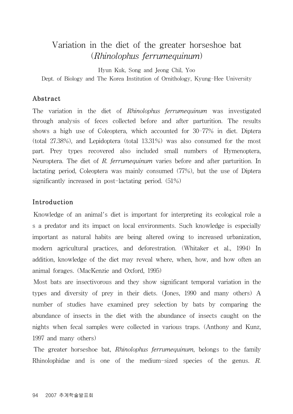 Variation in the Diet of the Greater Horseshoe Bat (Rhinolophus Ferrumequinum )