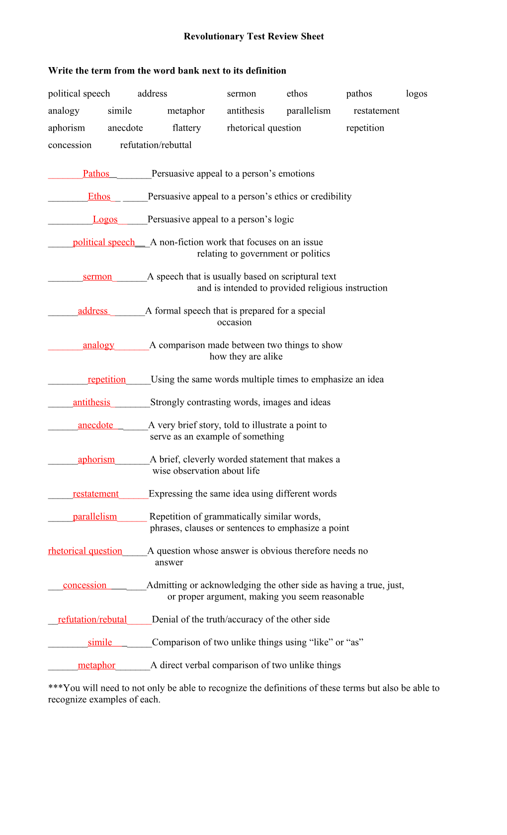 Revolutionary Test Review Sheet