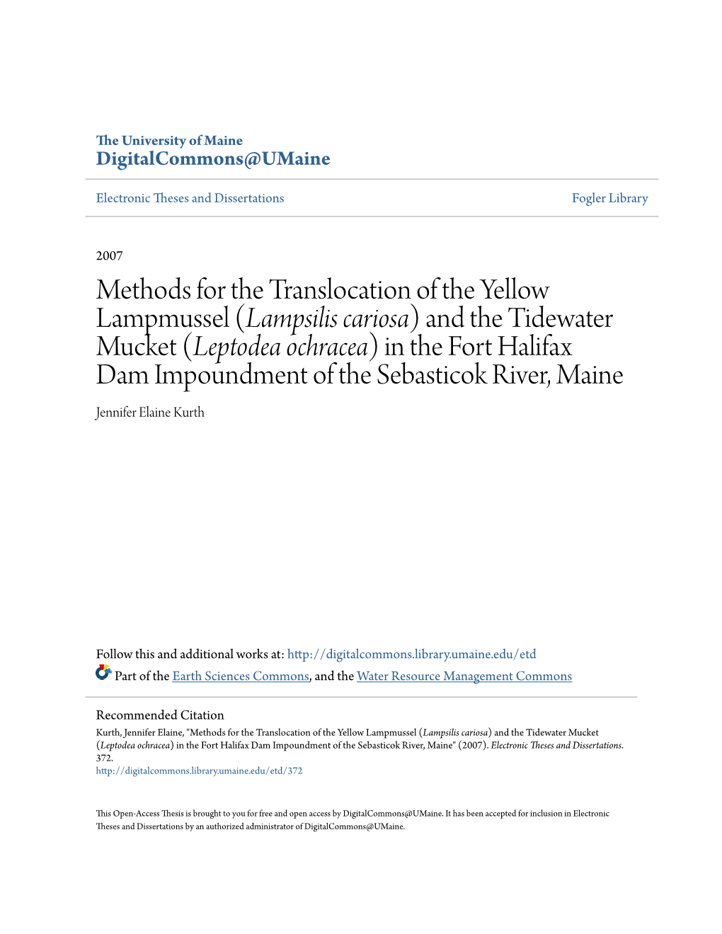 Lampsilis Cariosa) and the Tidewater Mucket (Leptodea Ochracea) in the Fort Halifax Dam Impoundment of the Sebasticok River, Maine Jennifer Elaine Kurth