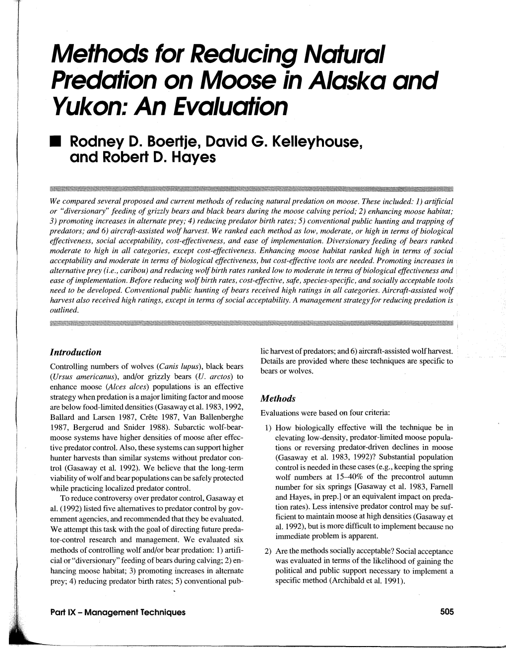 Methods for Reducing Natural Predation on Moose in Alaska and Yukon: an Evaluation