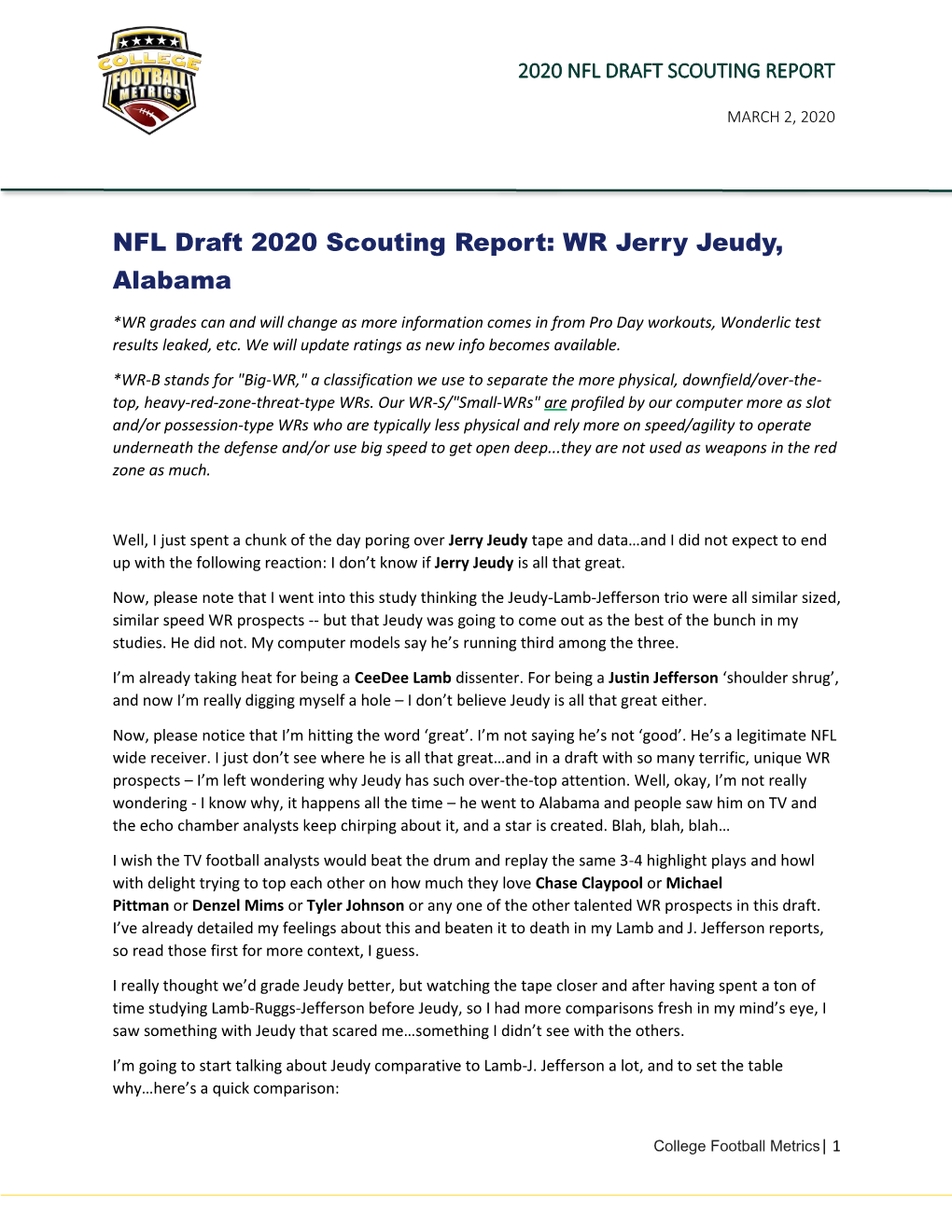 NFL Draft 2020 Scouting Report: WR Jerry Jeudy, Alabama