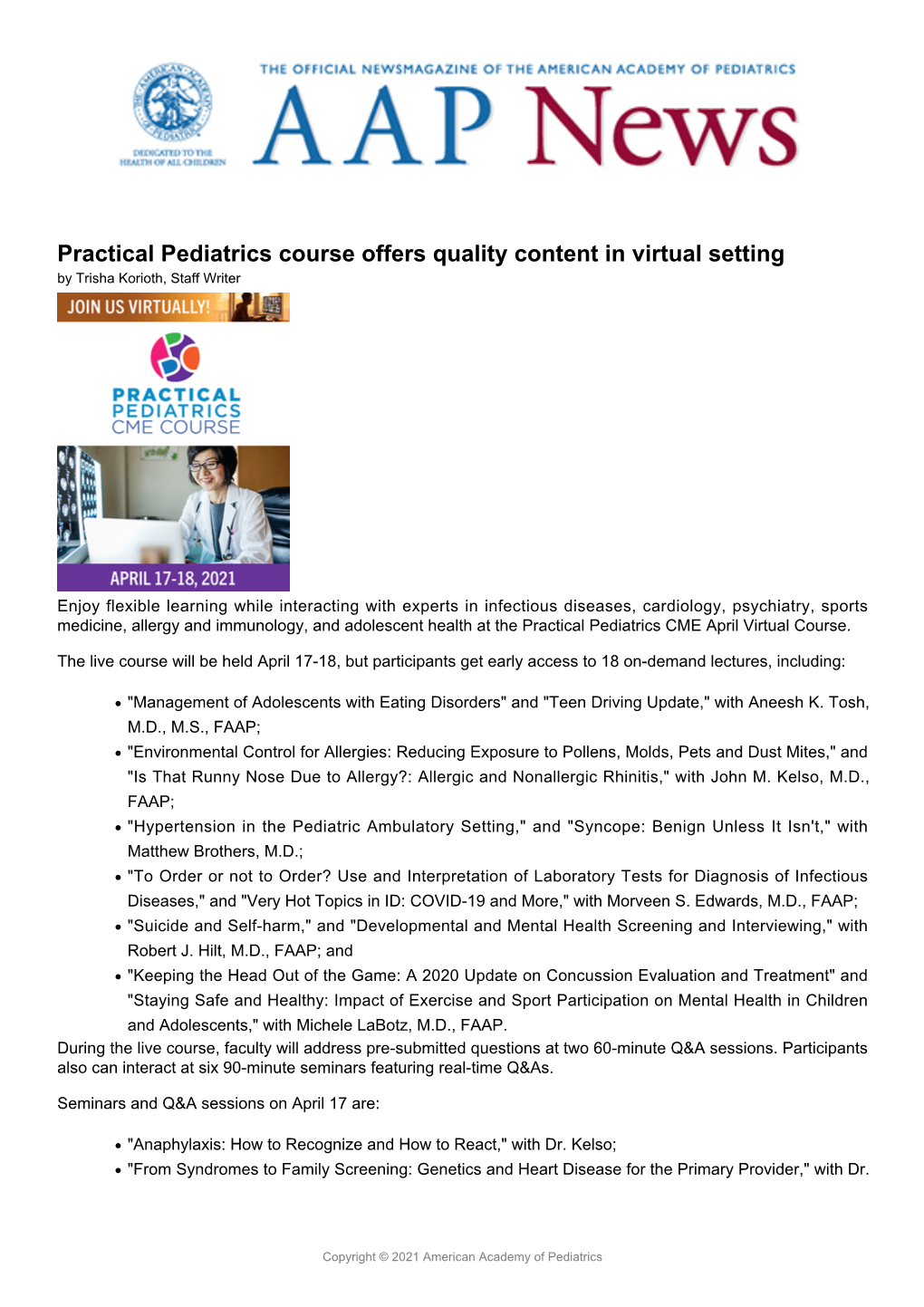 Practical Pediatrics Course Offers Quality Content in Virtual Setting by Trisha Korioth, Staff Writer