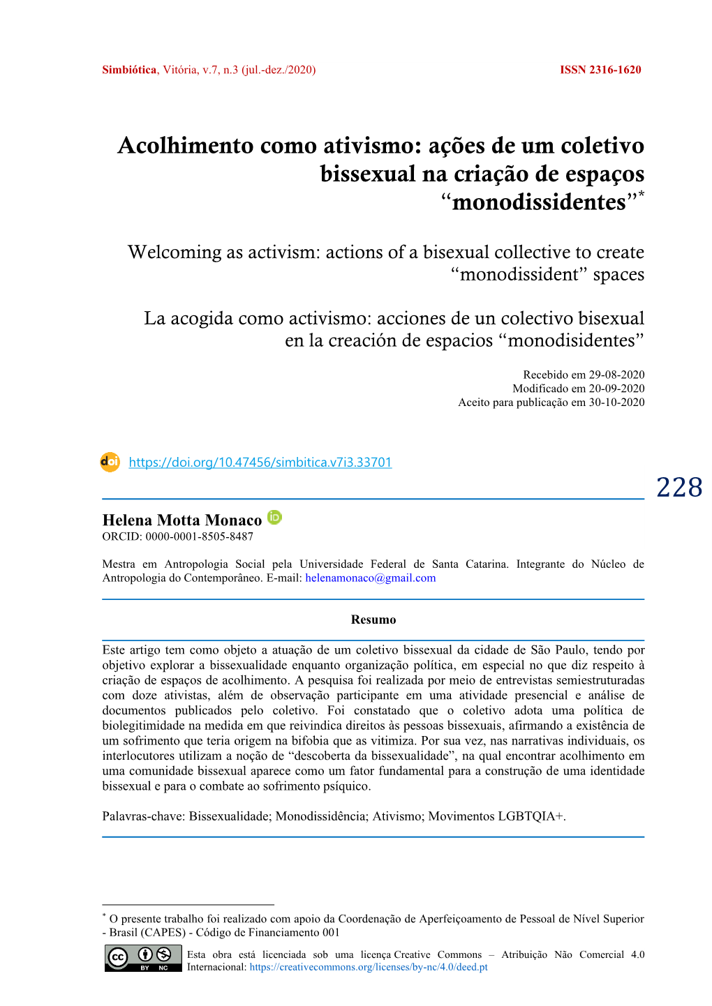 Acolhimento Como Ativismo: Ações De Um Coletivo Bissexual Na Criação De Espaços “Monodissidentes”*