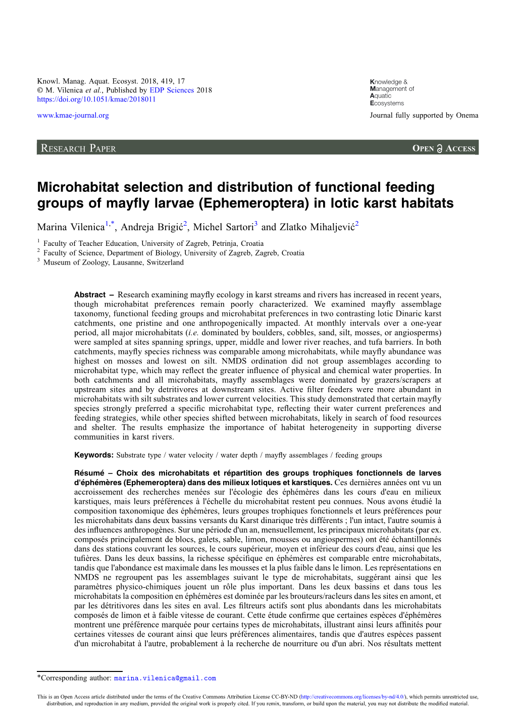 (Ephemeroptera) in Lotic Karst Habitats