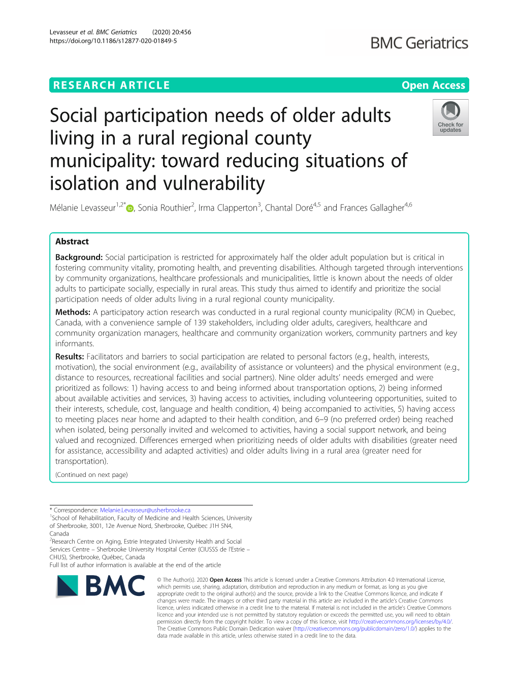 Social Participation Needs of Older Adults Living in a Rural Regional