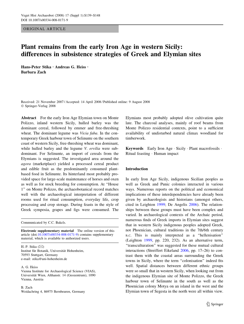 Plant Remains from the Early Iron Age in Western Sicily: Differences in Subsistence Strategies of Greek and Elymian Sites