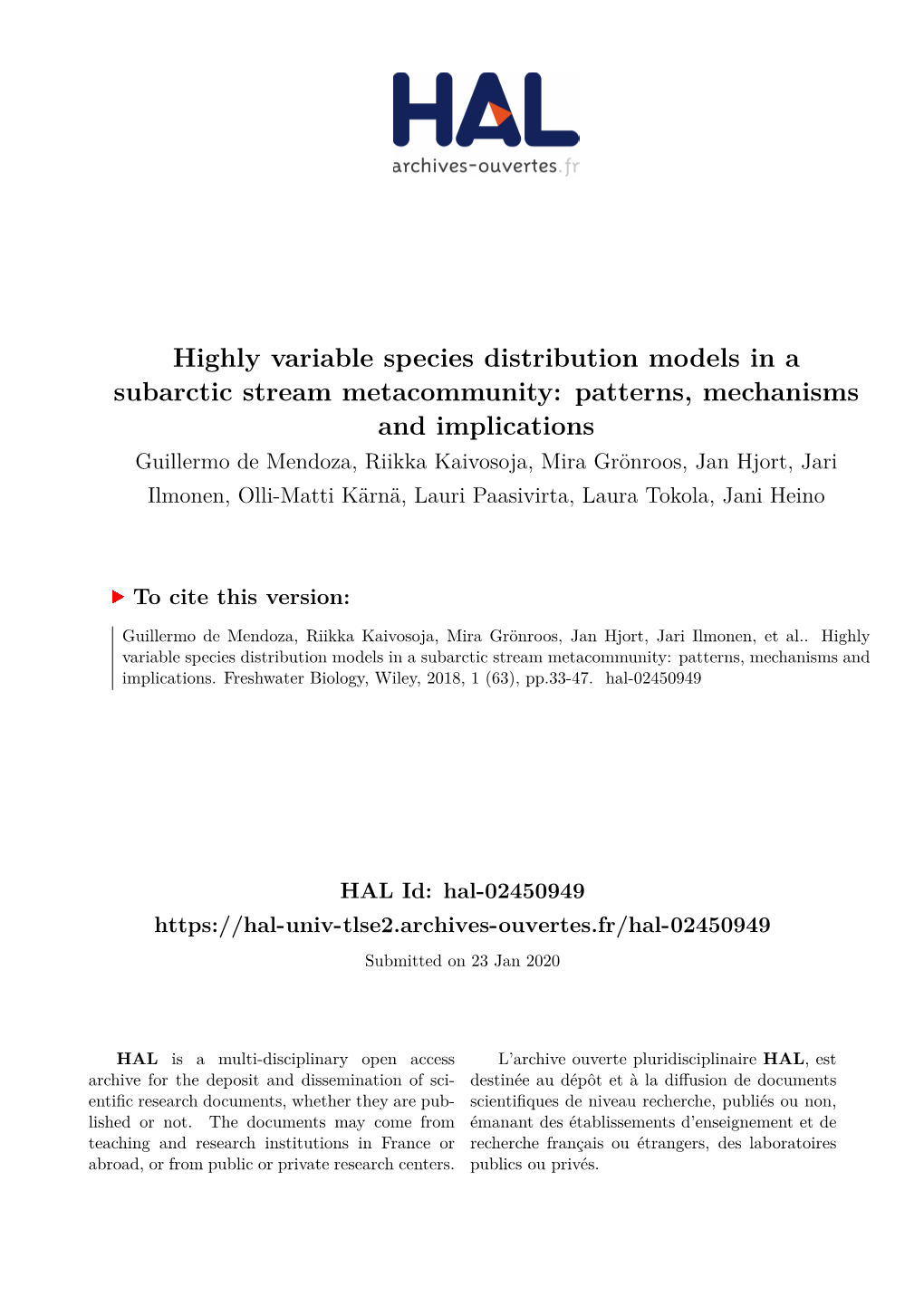 Highly Variable Species Distribution Models in a Subarctic Stream