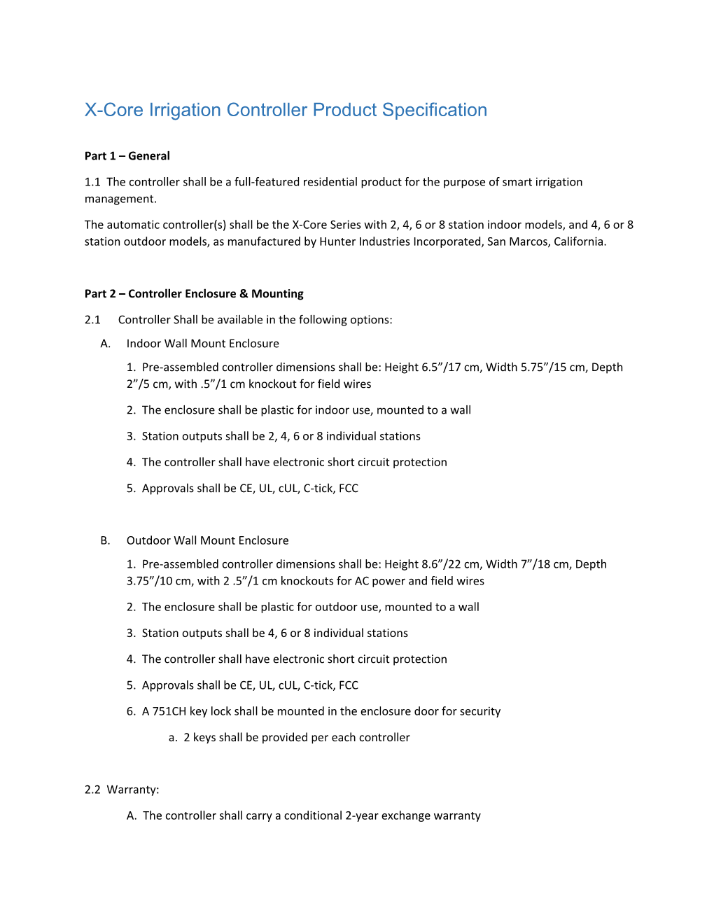 X-Core Irrigation Controller Product Specification