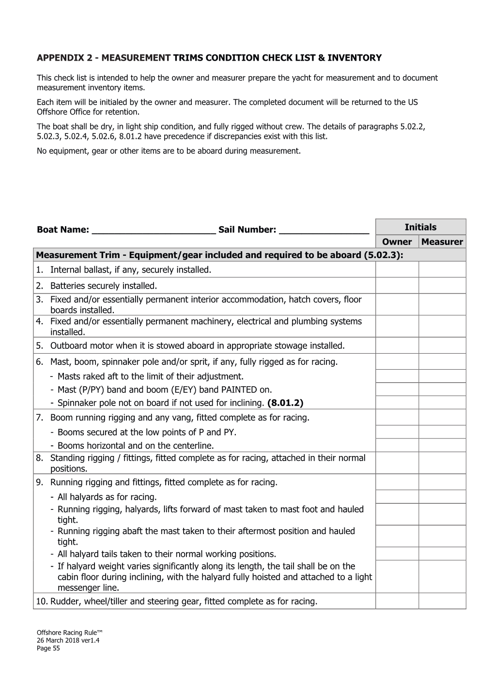 Appendix 2 - Measurement Trims Condition Check List & Inventory