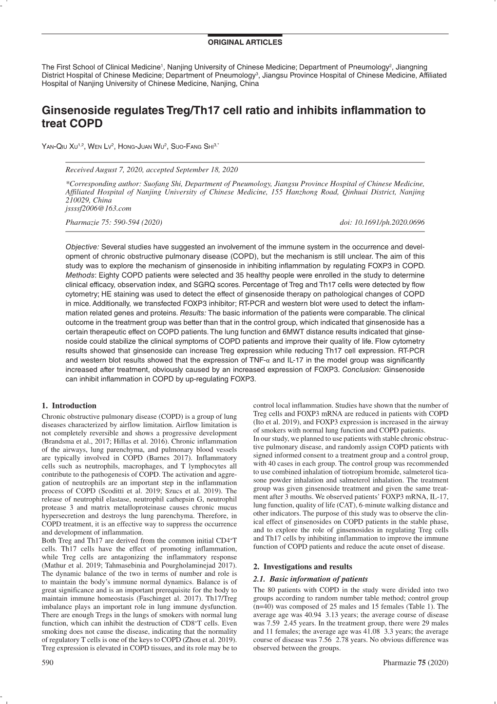 Ginsenoside Regulates Treg/Th17 Cell Ratio and Inhibits Inflammation to Treat COPD