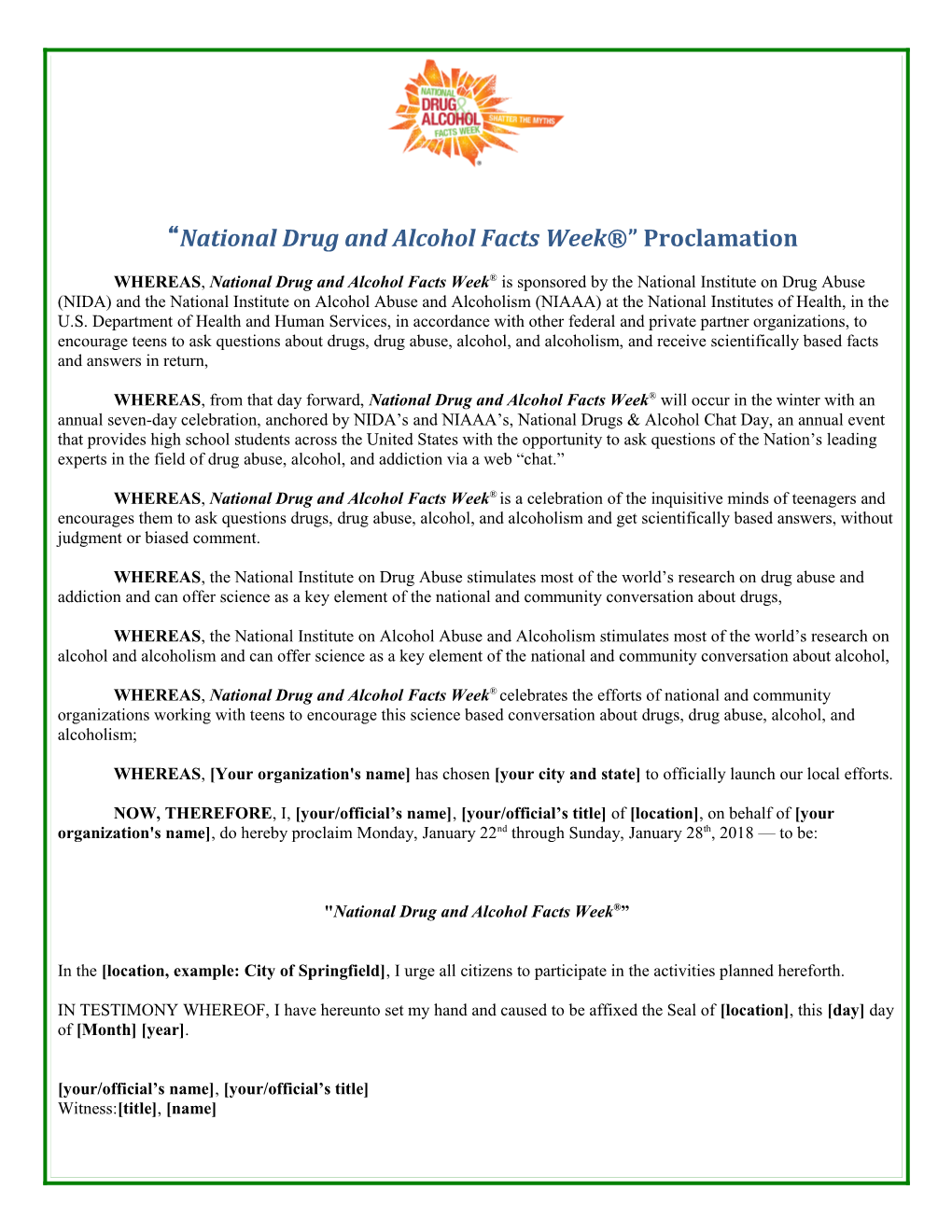 National Drug and Alcohol Facts Week Proclamation