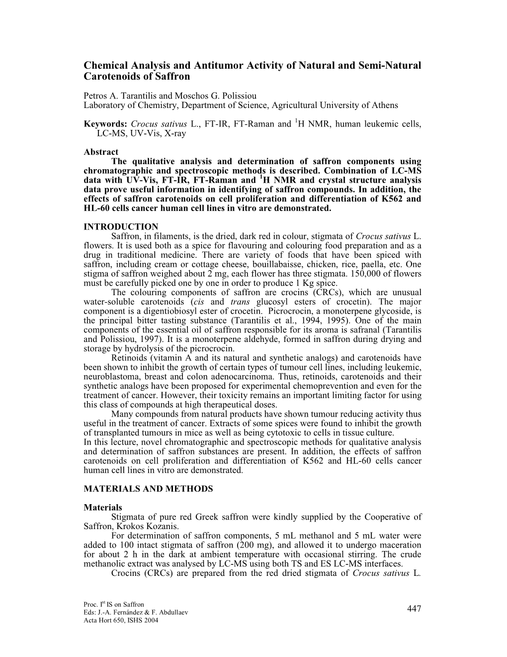 Chemical Analysis and Antitumor Activity of Natural and Semi-Natural Carotenoids of Saffron