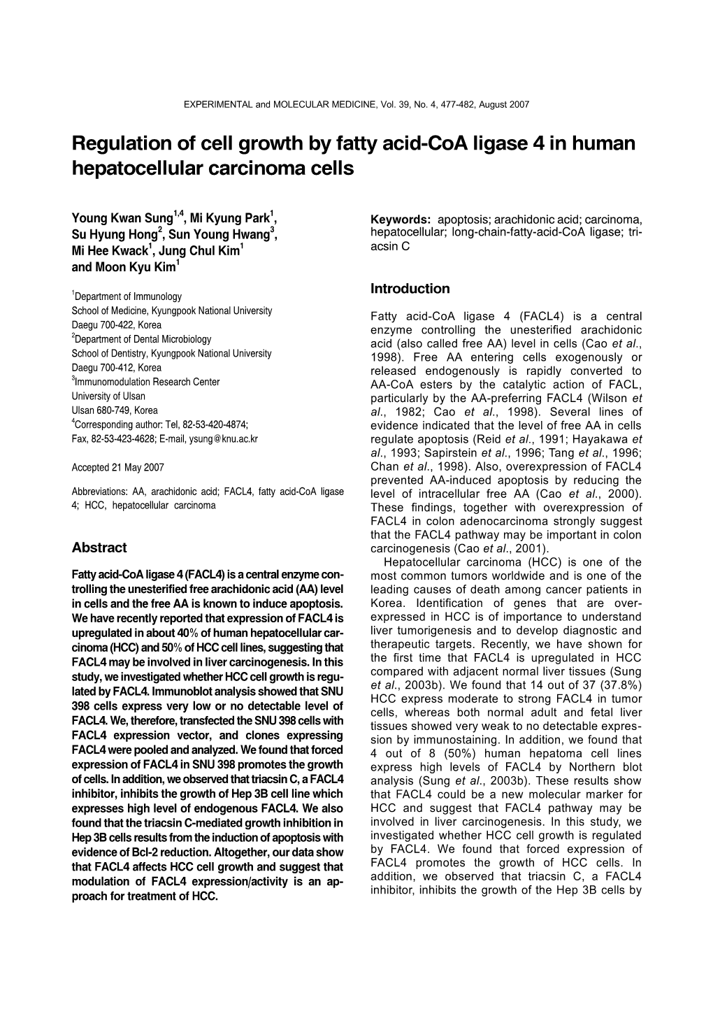 Regulation of Cell Growth by Fatty Acid-Coa Ligase 4 in Human Hepatocellular Carcinoma Cells