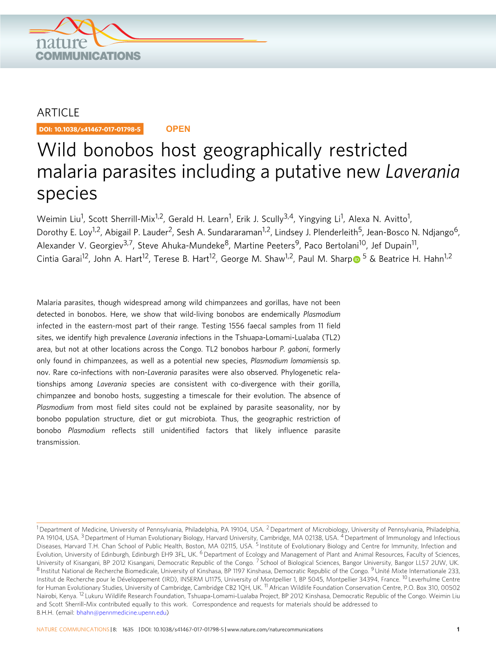 Wild Bonobos Host Geographically Restricted Malaria Parasites Including a Putative New Laverania Species