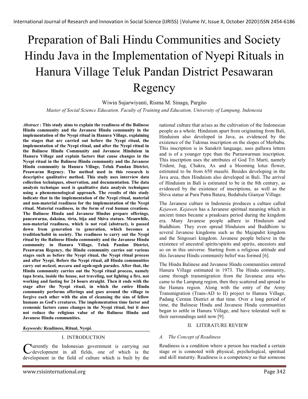 Preparation of Bali Hindu Communities and Society Hindu Java in the Implementation of Nyepi Rituals in Hanura Village Teluk Pandan District Pesawaran Regency