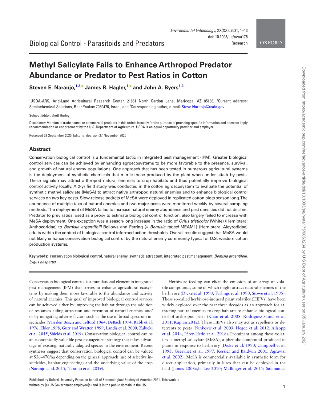 Methyl Salicylate Fails to Enhance Arthropod Predator Abundance Or