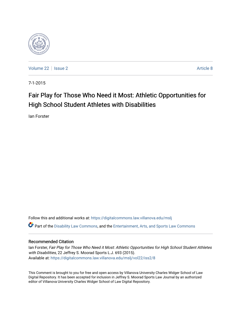 Fair Play for Those Who Need It Most: Athletic Opportunities for High School Student Athletes with Disabilities