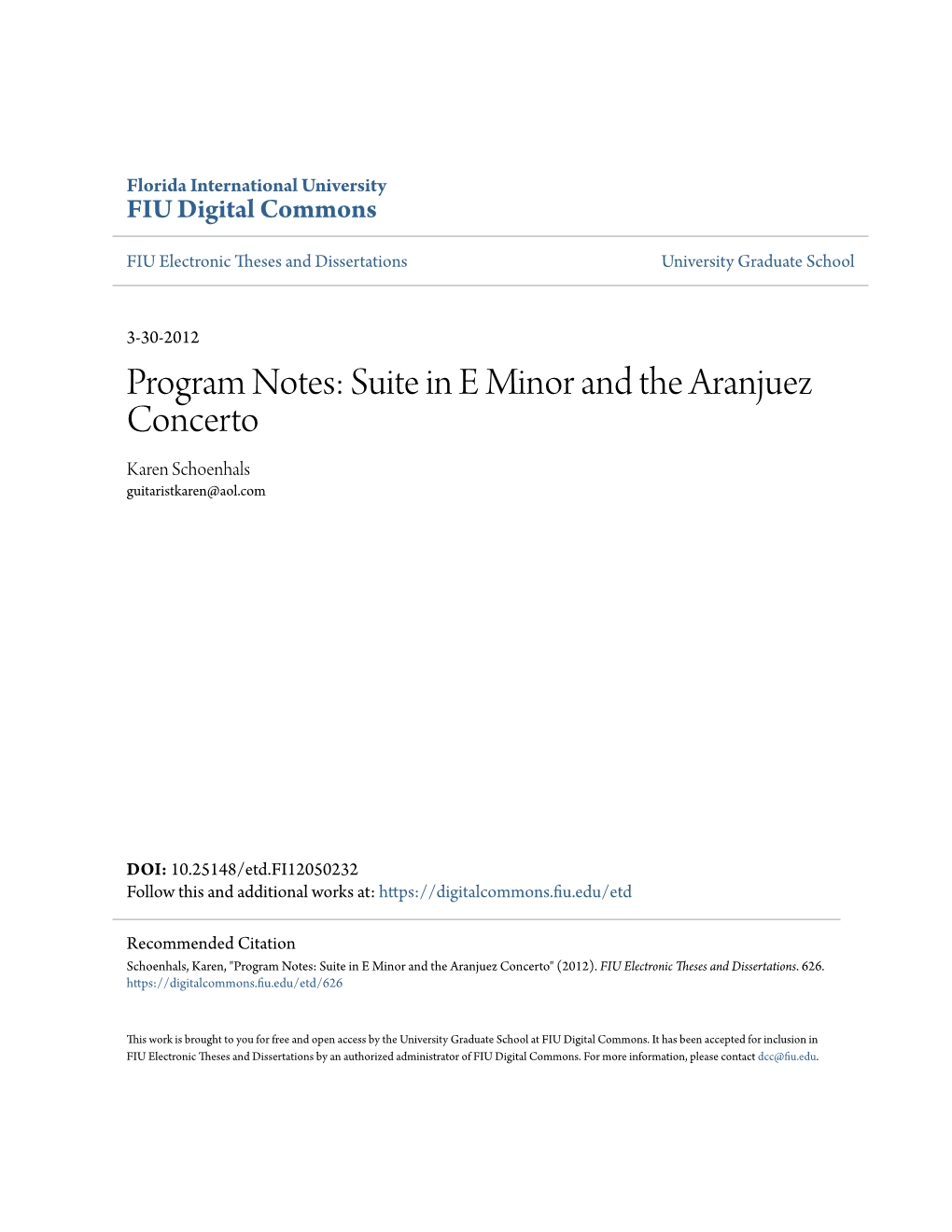 Program Notes: Suite in E Minor and the Aranjuez Concerto Karen Schoenhals Guitaristkaren@Aol.Com