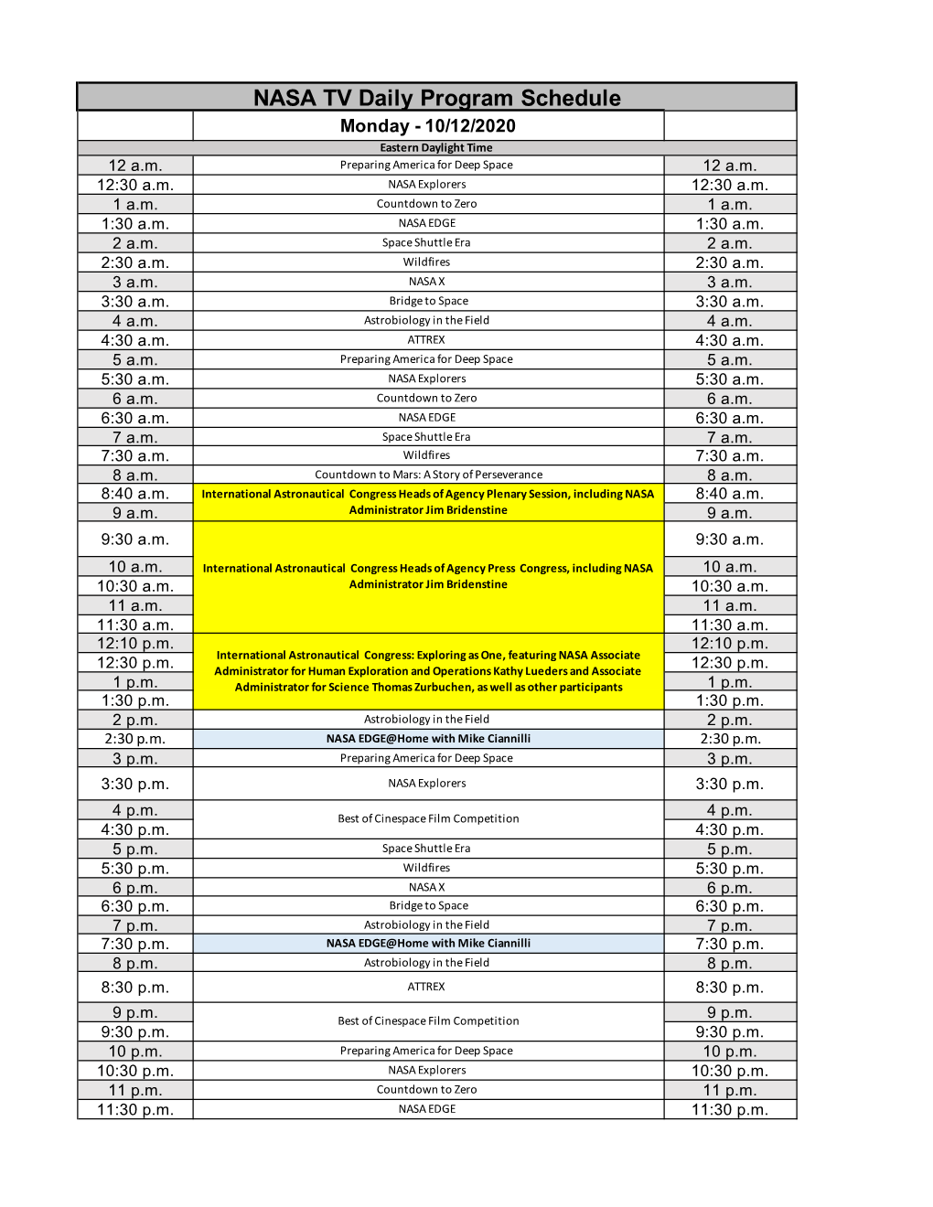 NASA TV Schedule for Web (Week of 10-12-2020)(1).Xlsx