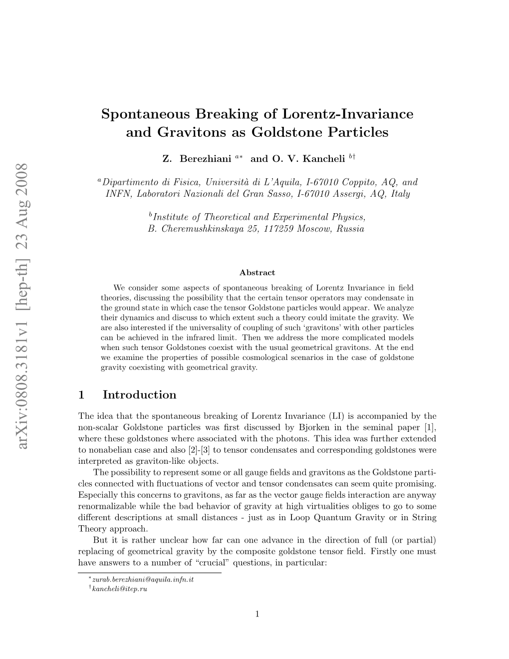 Spontaneous Breaking of Lorentz-Invariance and Gravitons