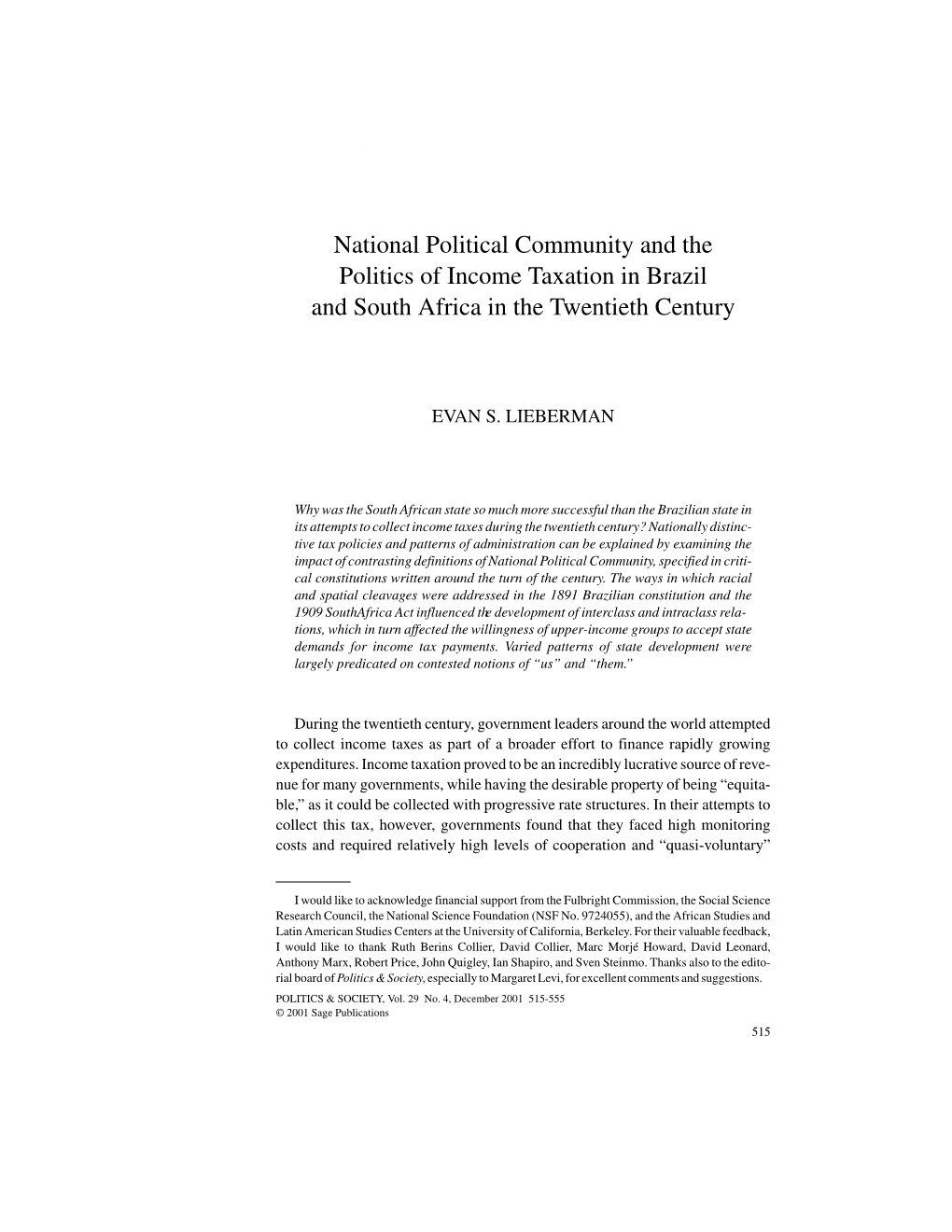 National Political Community and the Politics of Income Taxation in Brazil and South Africa in the Twentieth Century